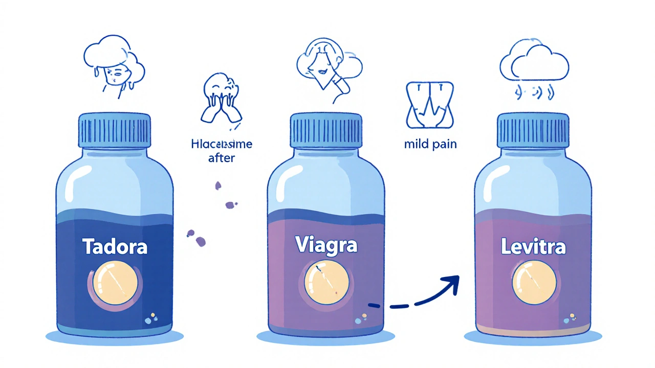 Three pill bottles compared with duration arrows, showing Tadora lasting longer than others.