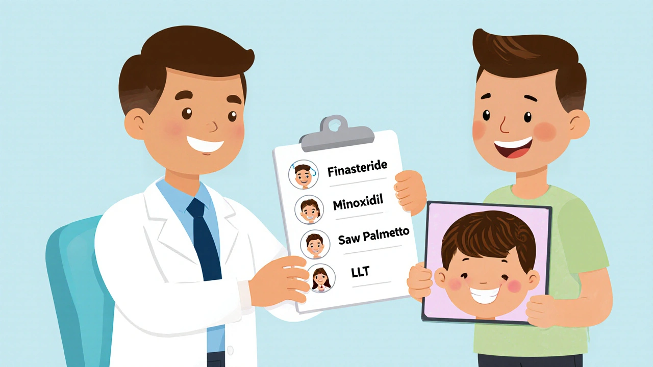 A doctor and patient reviewing hair loss treatment options with illustrated icons, showing progress and informed choice.