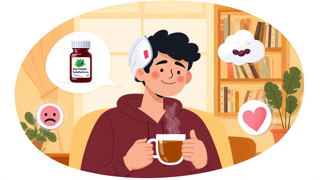 A man using a laser hair cap at home, with natural supplements and medications floating nearby in a peaceful setting.