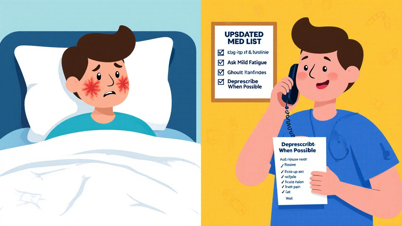 A person comparing anxious symptoms to a confident action plan for managing medication side effects.