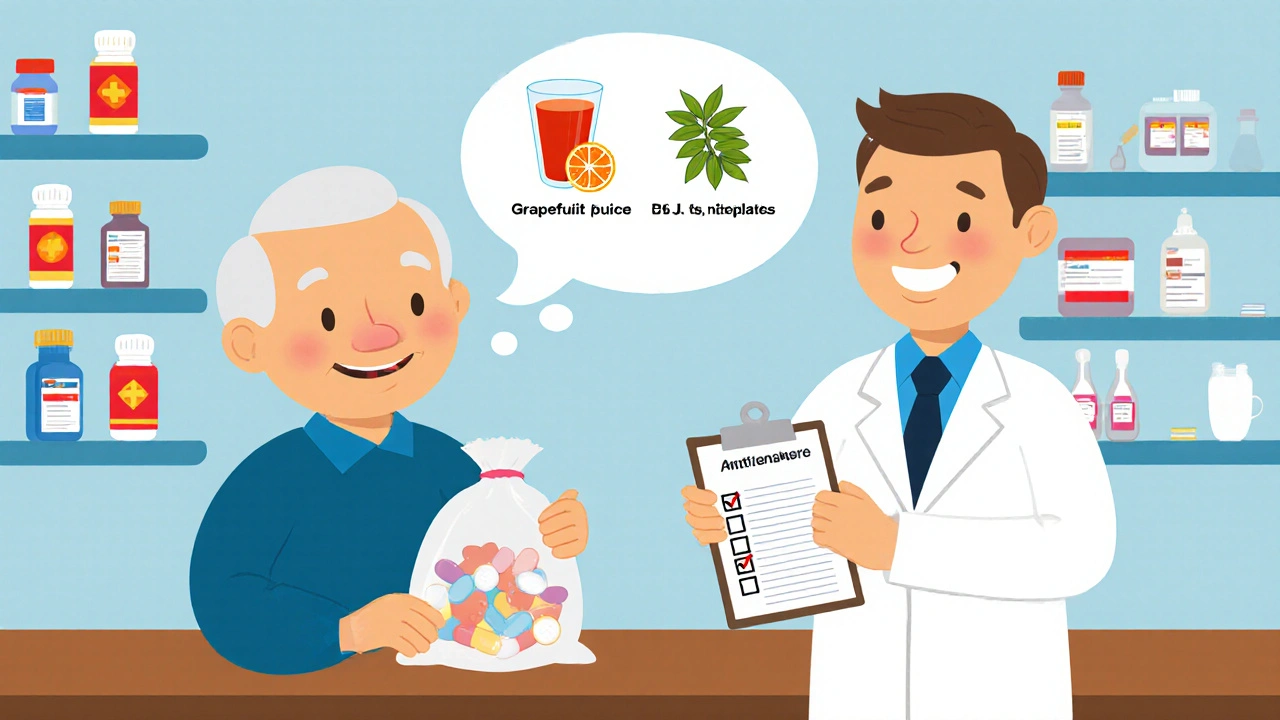 A senior at the pharmacy with visualized dangerous drug interactions shown in a thought bubble.