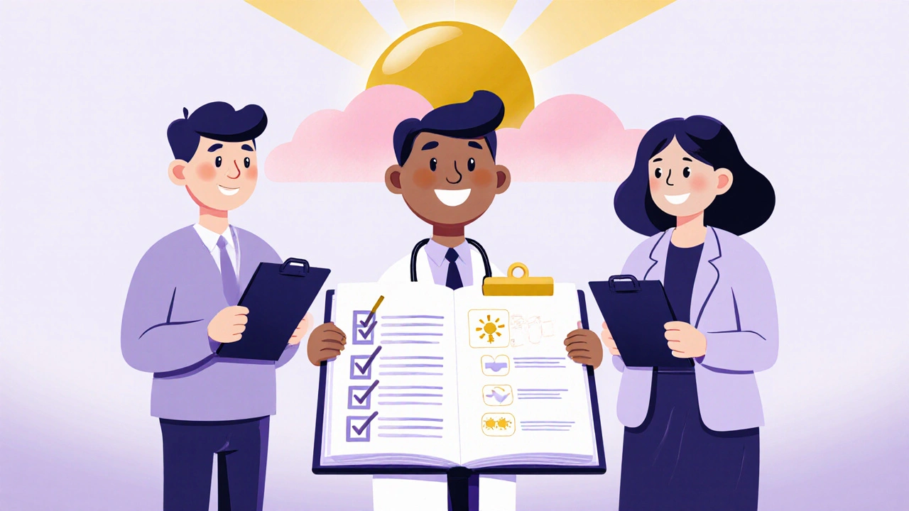 Cartoon character with doctor and counselor, diary checklist, sunrise background showing hopeful care.