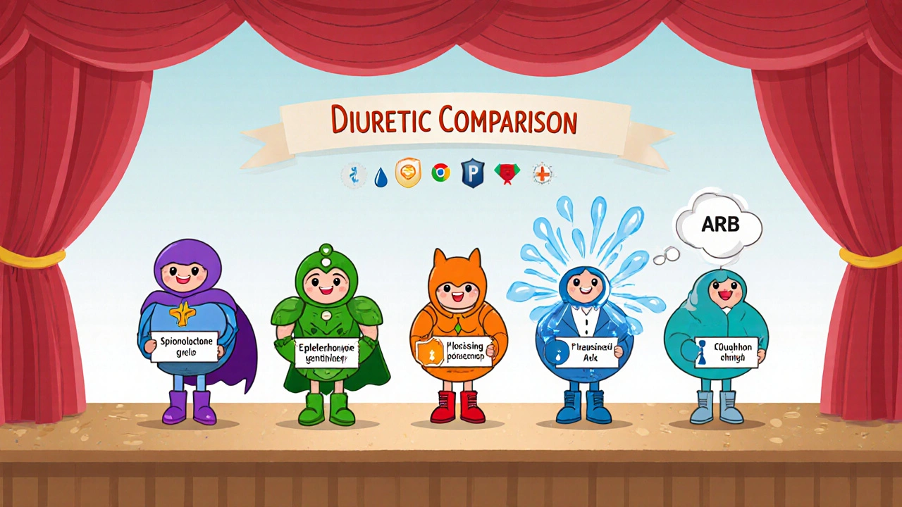 Cartoon drug mascots compare spironolactone, eplerenone, thiazide, furosemide, ACE inhibitor, and ARB.