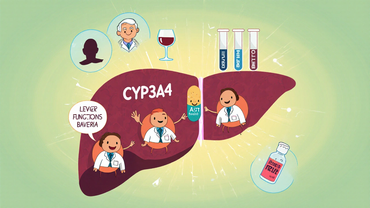 Cartoon liver with smiling enzymes processing a cefixime pill and risk icons.