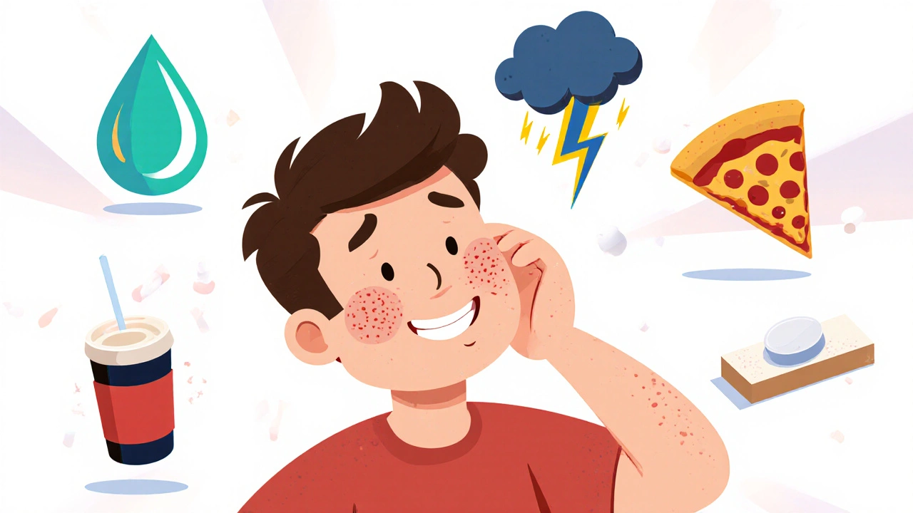 Cartoon man surrounded by icons for hormones, stress, food, pills, and soap.