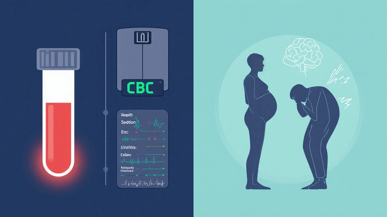 Conceptual illustration of blood tests, weight scale, ECG line, and side‑effect silhouettes.
