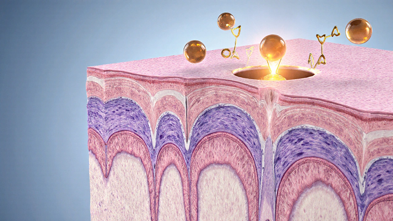 Cross‑section view of vaginal tissue with estriol molecules binding to receptors on cells.