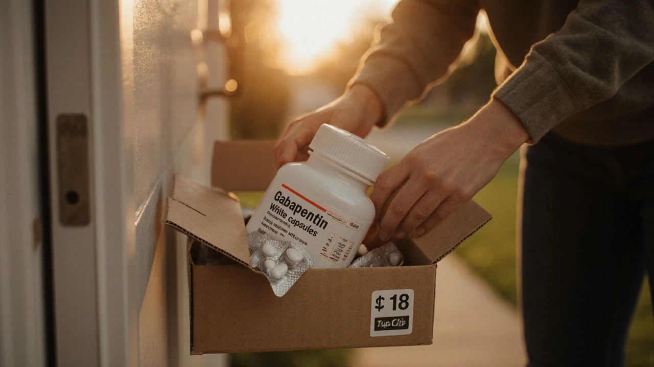 Delivery box on doorstep showing gabapentin bottle and low price tag.