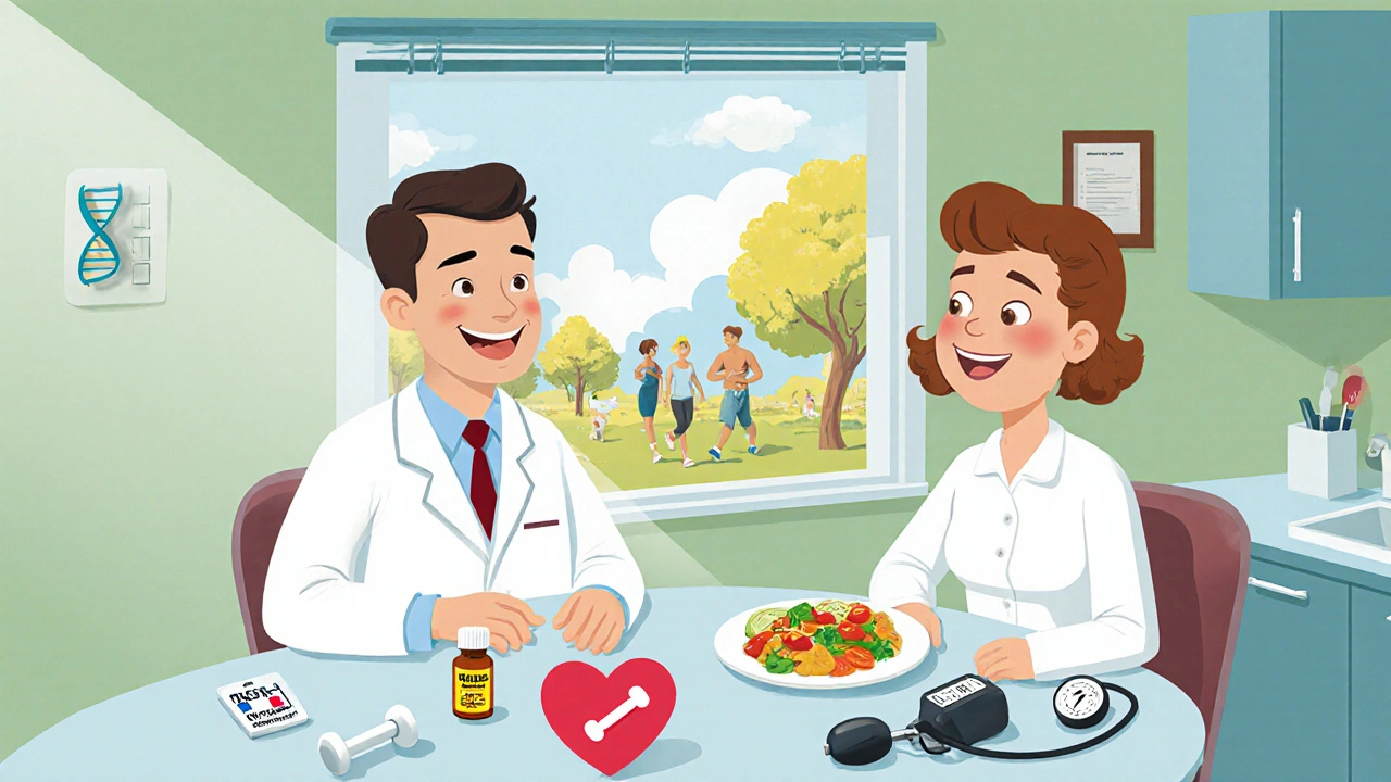 Doctor and patient at a retro table with DNA test tube, healthy food, exercise gear, and medication.