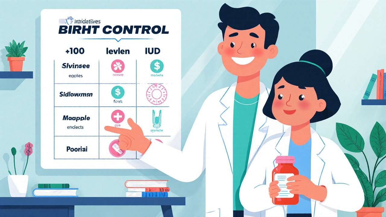 Doctor and patient reviewing a visual chart comparing birth control methods in a cozy office.