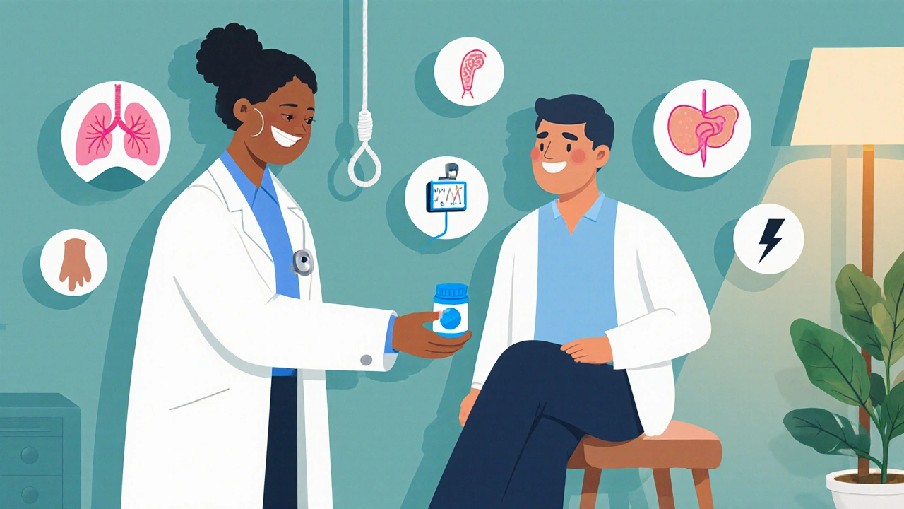 Doctor giving a Levofloxacin tablet to a patient with floating infection and safety icons.