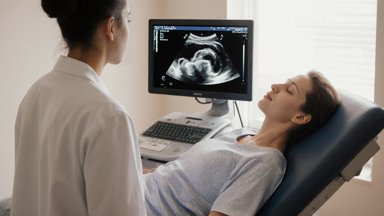 Doctor reviewing an echocardiogram of a patient on an exam table.