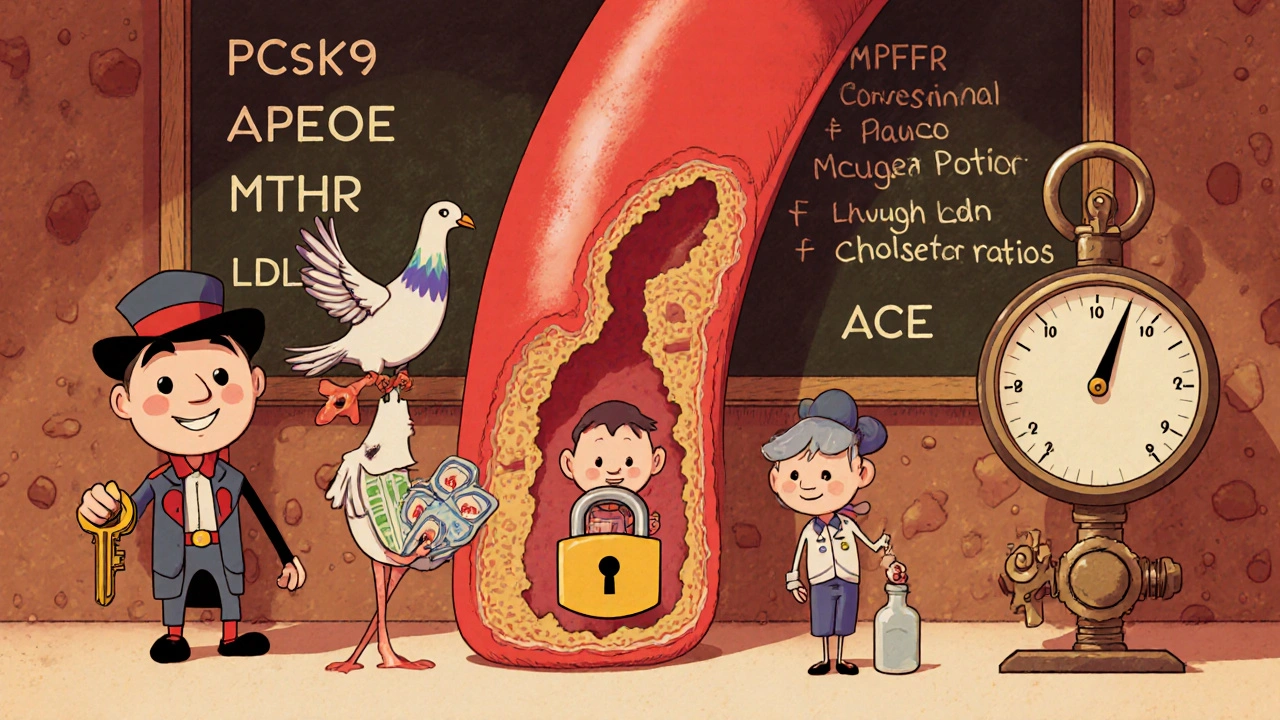 Five gene characters beside a cartoon artery with plaque, each holding a symbolic tool.