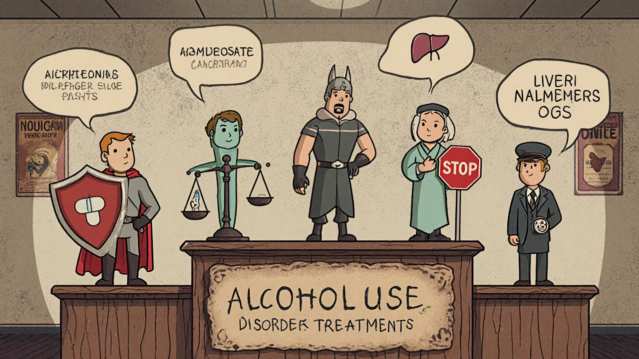 Four cartoon drug characters showing side‑effects around a podium.