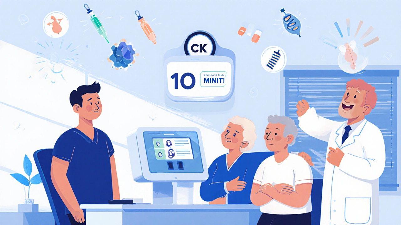 Futuristic CK testing device in a doctor’s office giving quick results to diverse patients.