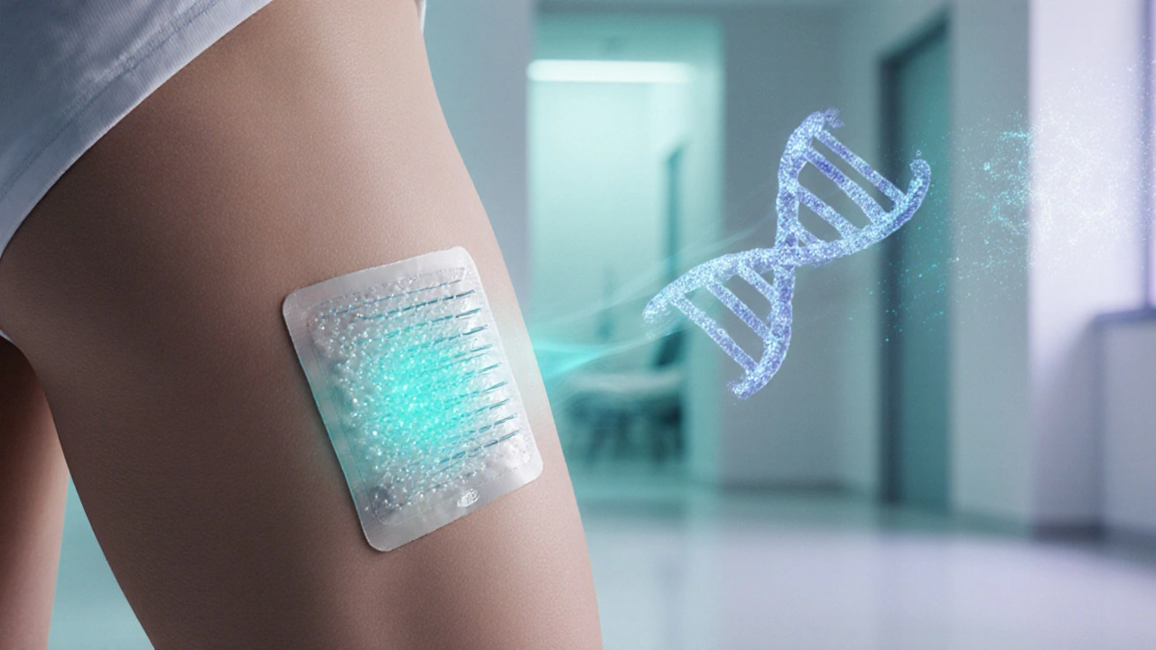 Futuristic microneedle patch delivering estrogen, with holographic DNA helix beside it.