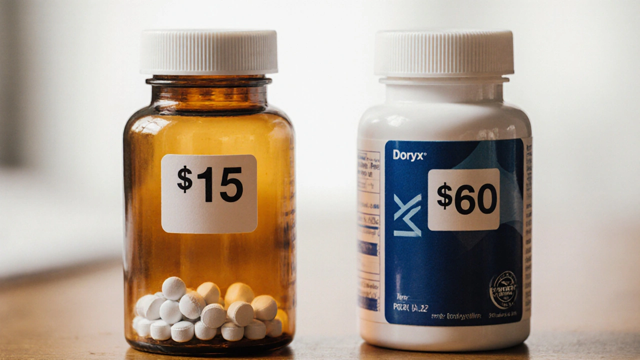 Generic doxycycline bottle beside a brand Doryx bottle with price tags.