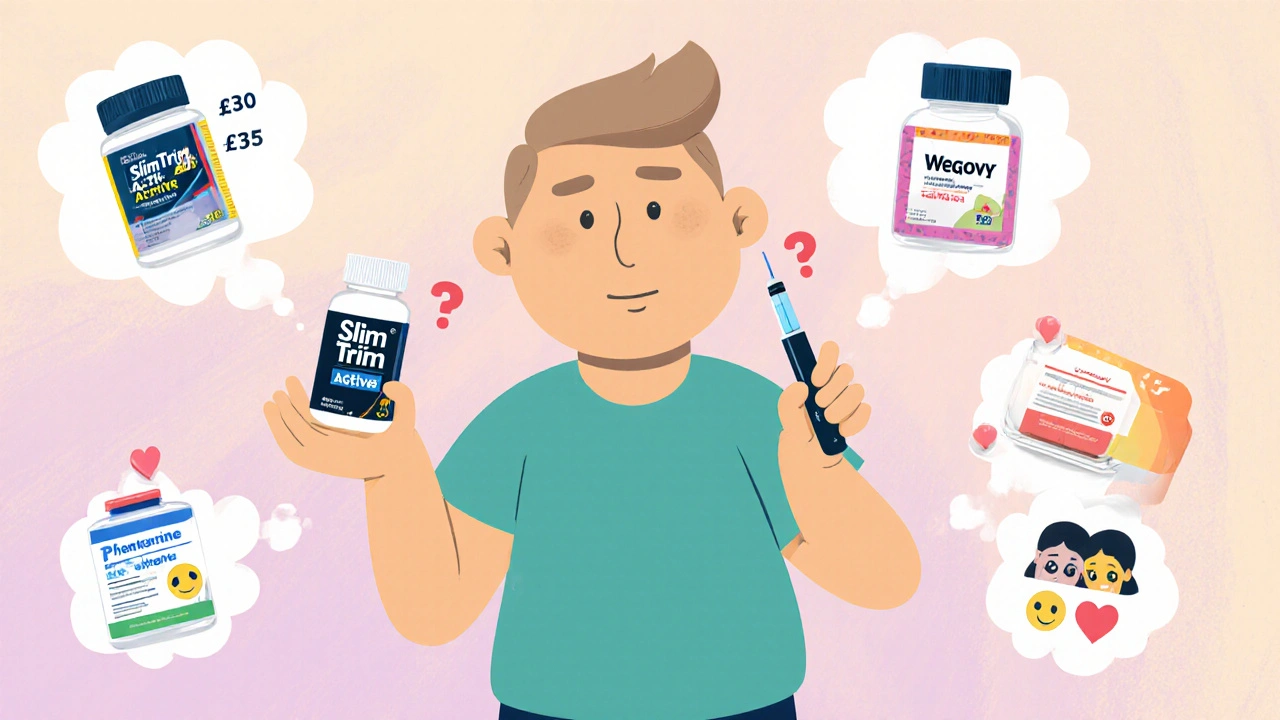 Illustrated decision scene with a person choosing between pills, an injector, and price tags.