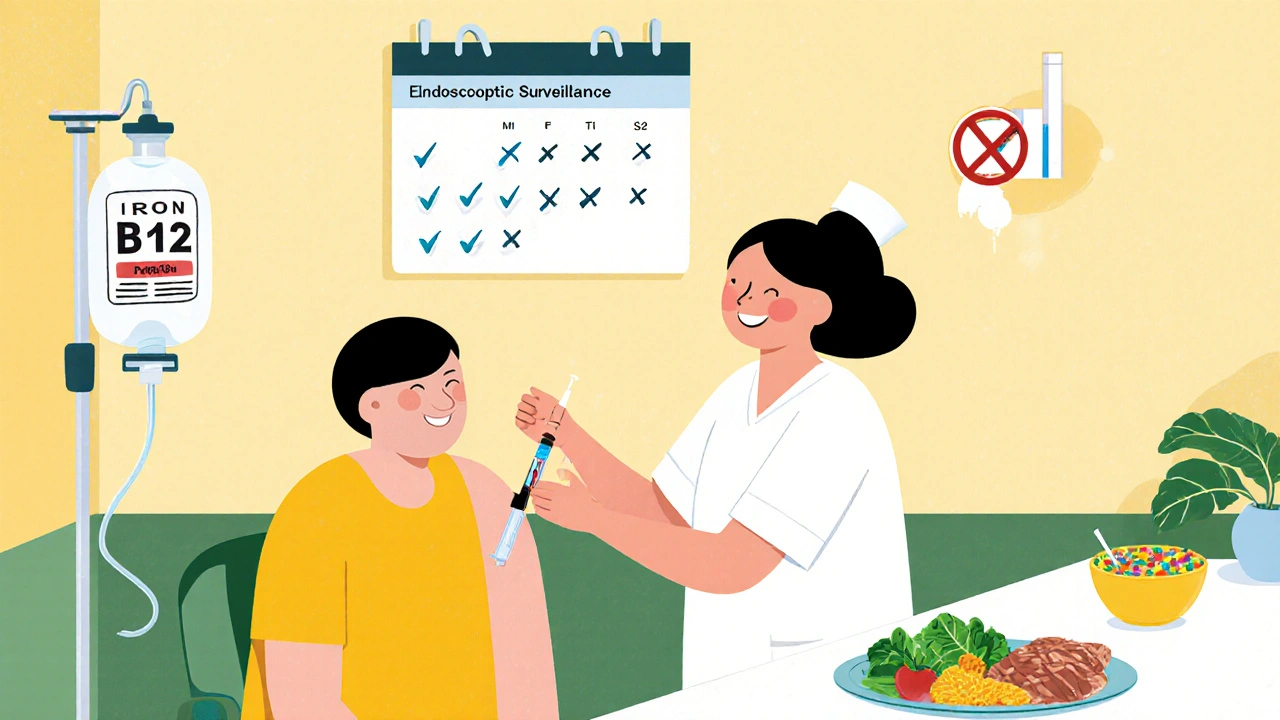 Nurse giving B12 injection, IV iron bag, calendar check marks, healthy foods, and no‑smoking sign.