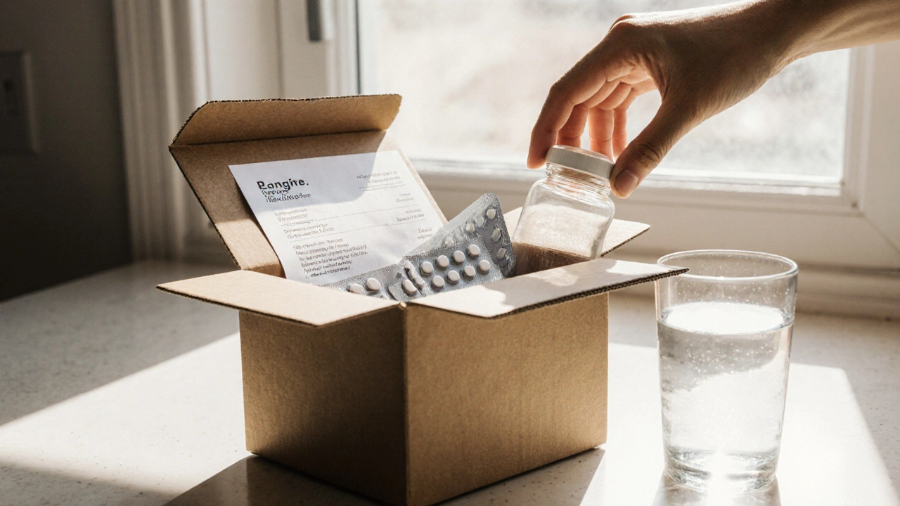 Opened delivery box showing white tablets, bottle and invoice on kitchen counter.