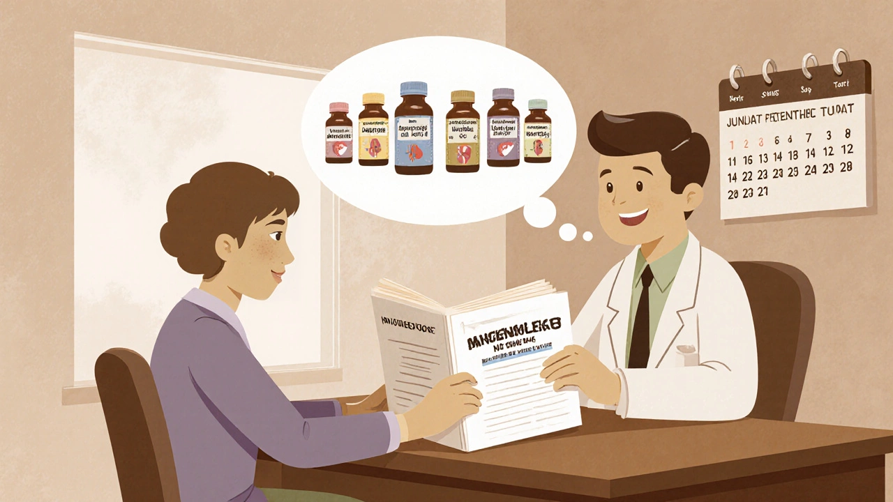 Patient and doctor discuss medication options with pill icons and price tags.