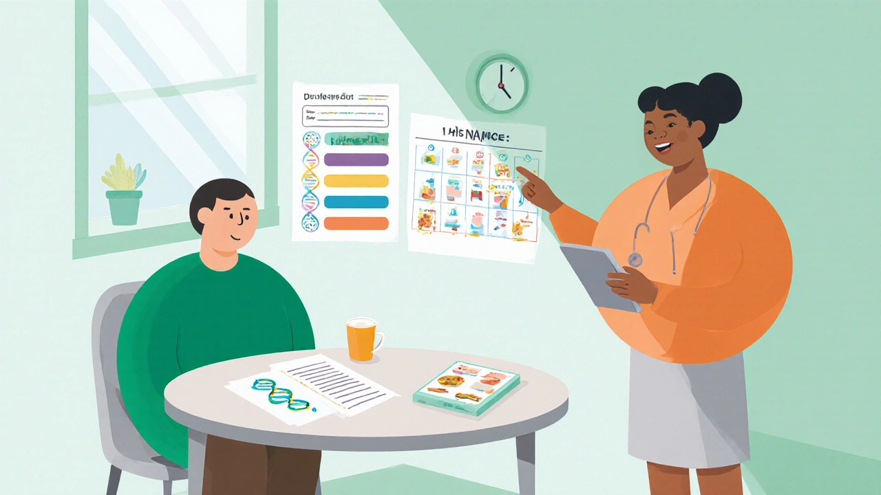 Patient and doctor reviewing a symptom log, genetic test icon, and dosing schedule on a tablet.