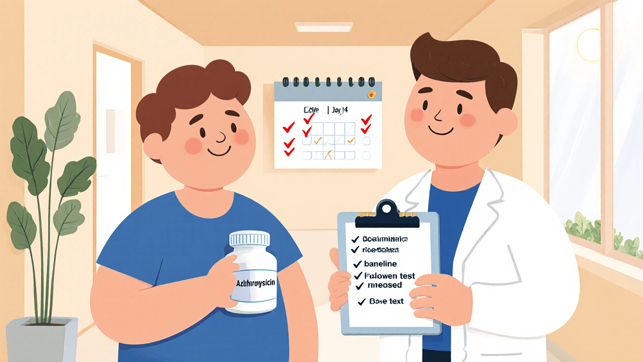 Patient and doctor reviewing azithromycin alternative with calendar checkmarks.