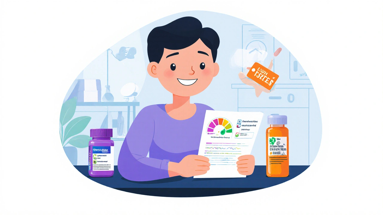 Patient reviews lab results showing balanced potassium and sees combined pill bottles.