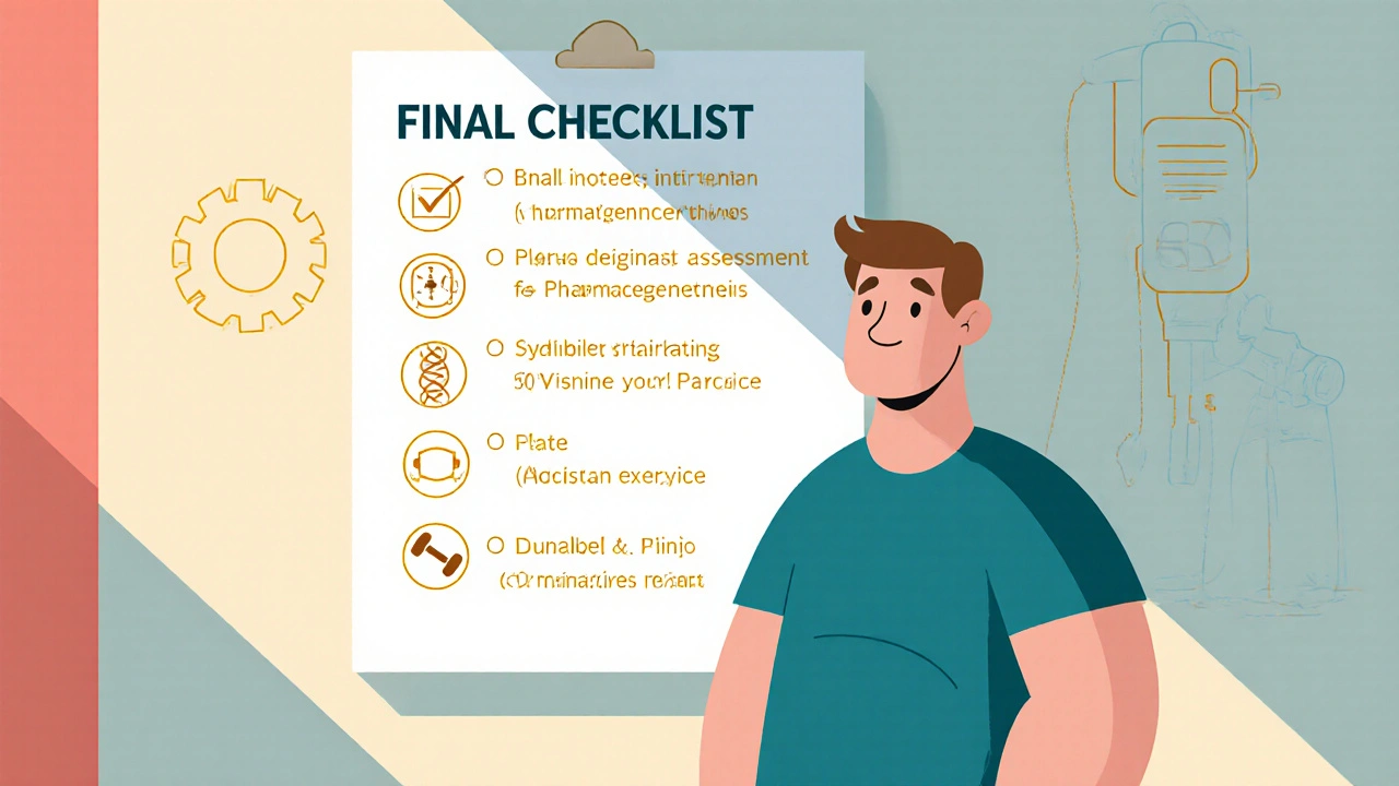 Patient standing by a checklist with icons for assessments, genetics, meals, exercise, and infusion options.