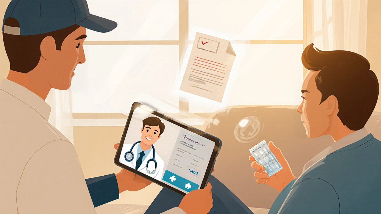 Patient video‑chatting with a doctor and receiving a sealed medication package.