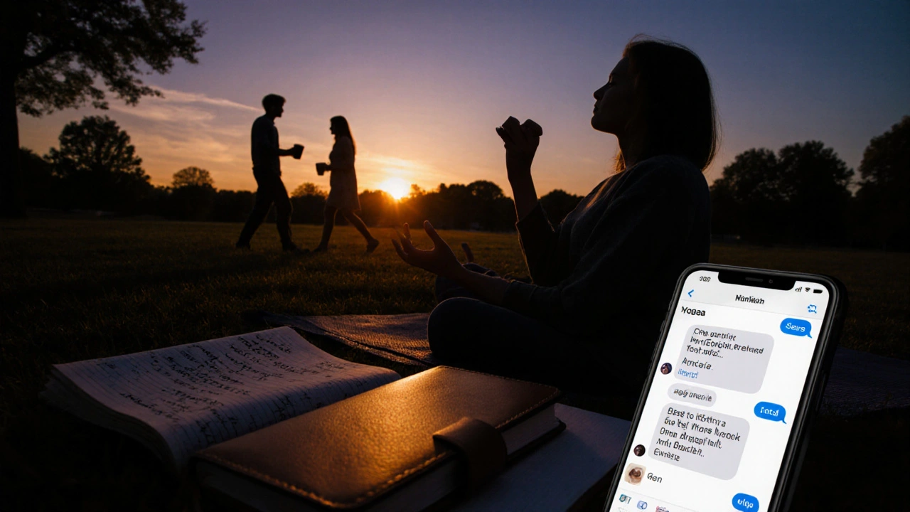 Person doing yoga at sunrise with journal and supportive friends nearby.