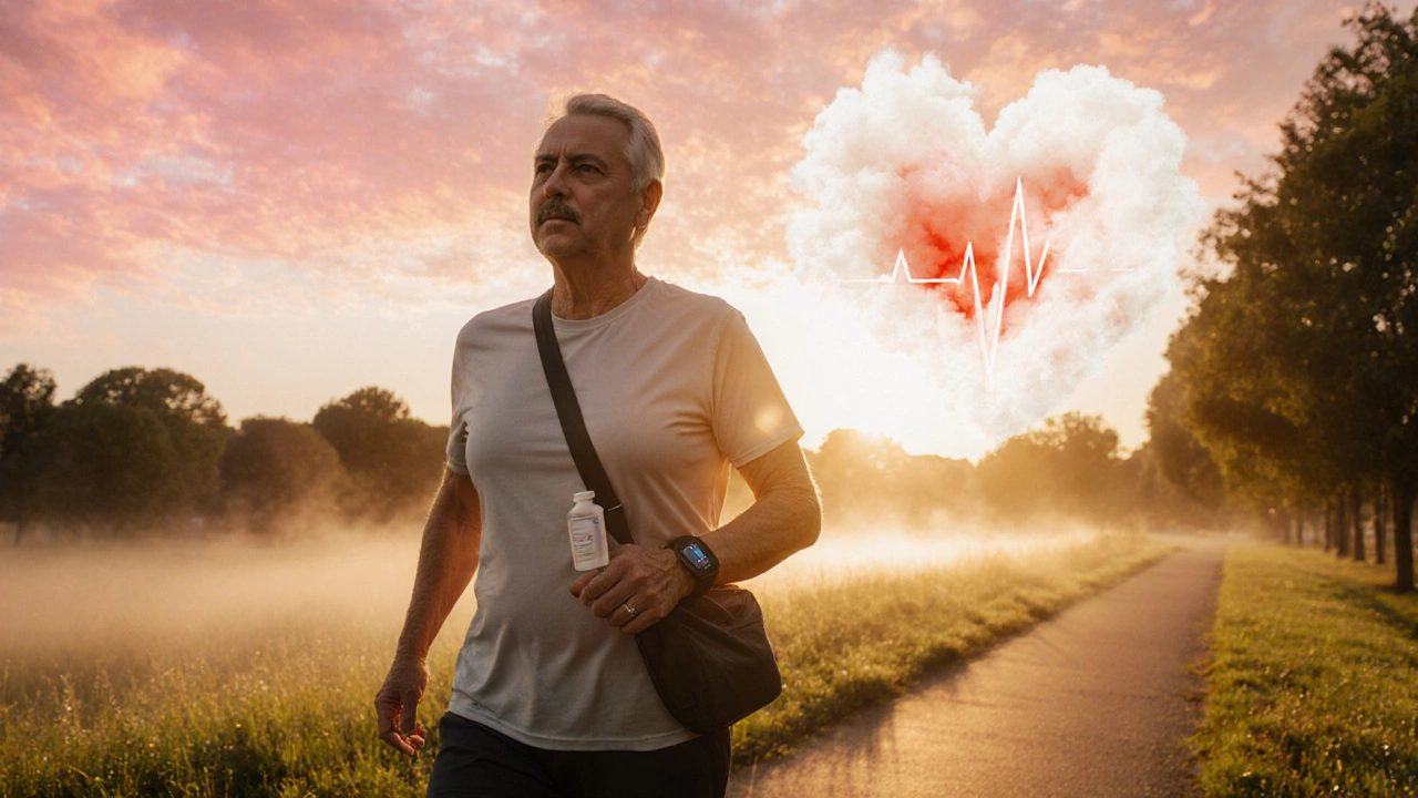 Person walking in sunrise park, holding medication, wearing a smartwatch.
