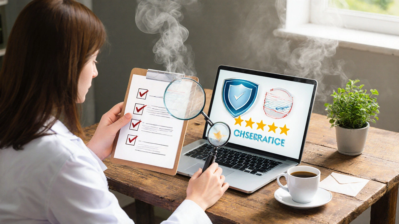 Pharmacist with clipboard, laptop showing shield and stars, certification seal on table.