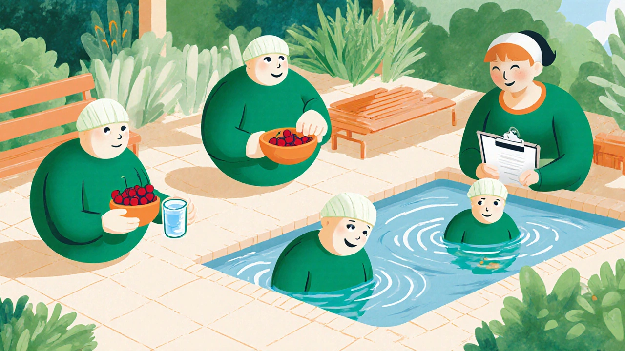 Rounded cartoon character drinking water, eating cherries, swimming, with supportive therapist.