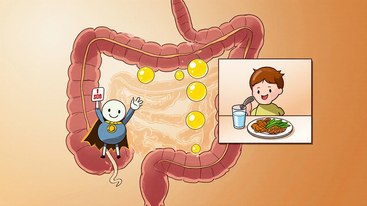 Rounded cartoon gut showing Orlistat pill blocking fat droplets.