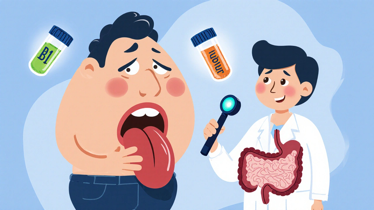 Rounded patient with sore tongue and doctor using endoscope, surrounded by B12 and iron lab tubes.