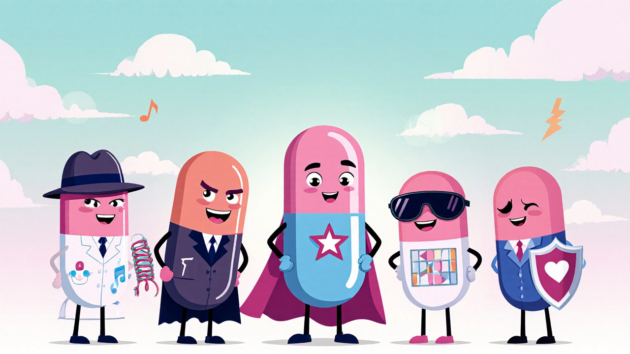 Six friendly pill characters comparing their properties around a central Levofloxacin.