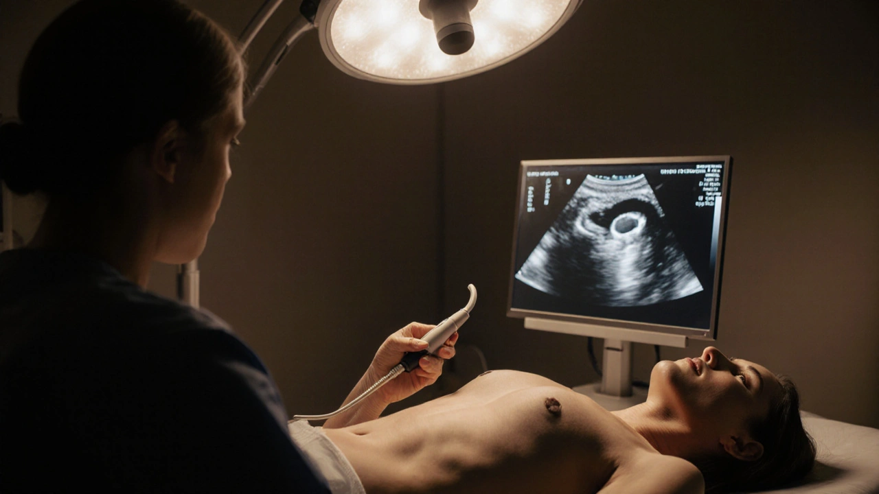 Sonographer using an ultrasound probe on a patient’s abdomen showing a stone echo.