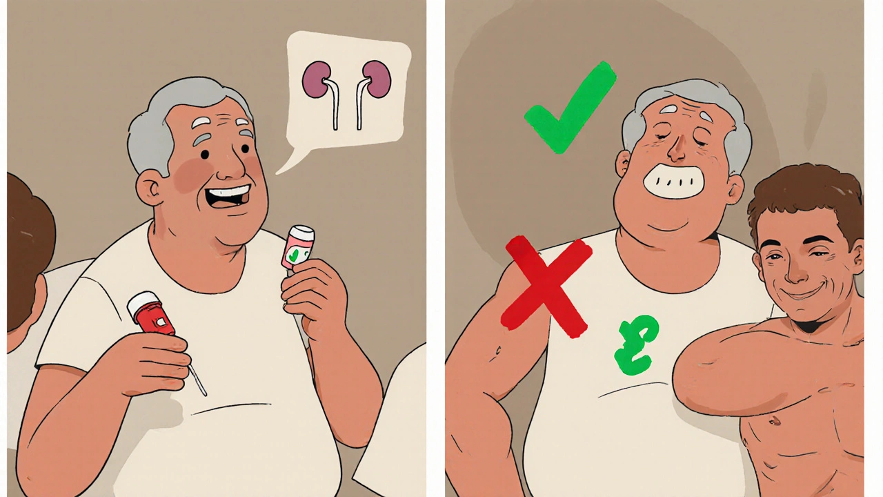 Split illustration showing benefit of baseline CK test for high-risk patients versus risk without it.