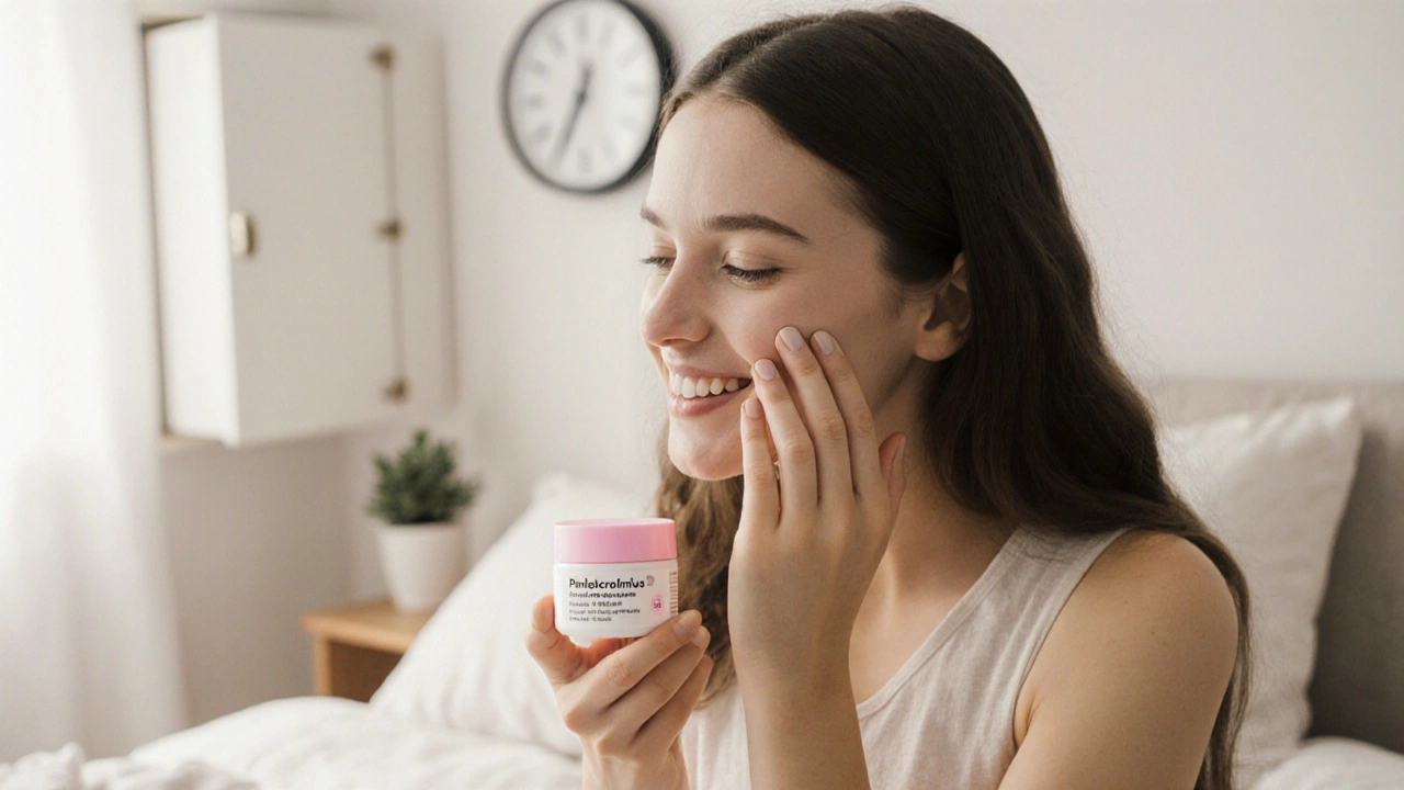 Teen girl applying pastel‑lid cream to her cheek in a sunny bedroom.