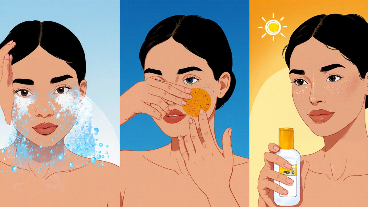 Three‑panel routine: cleansing, benzoyl peroxide, moisturizer with sunscreen.
