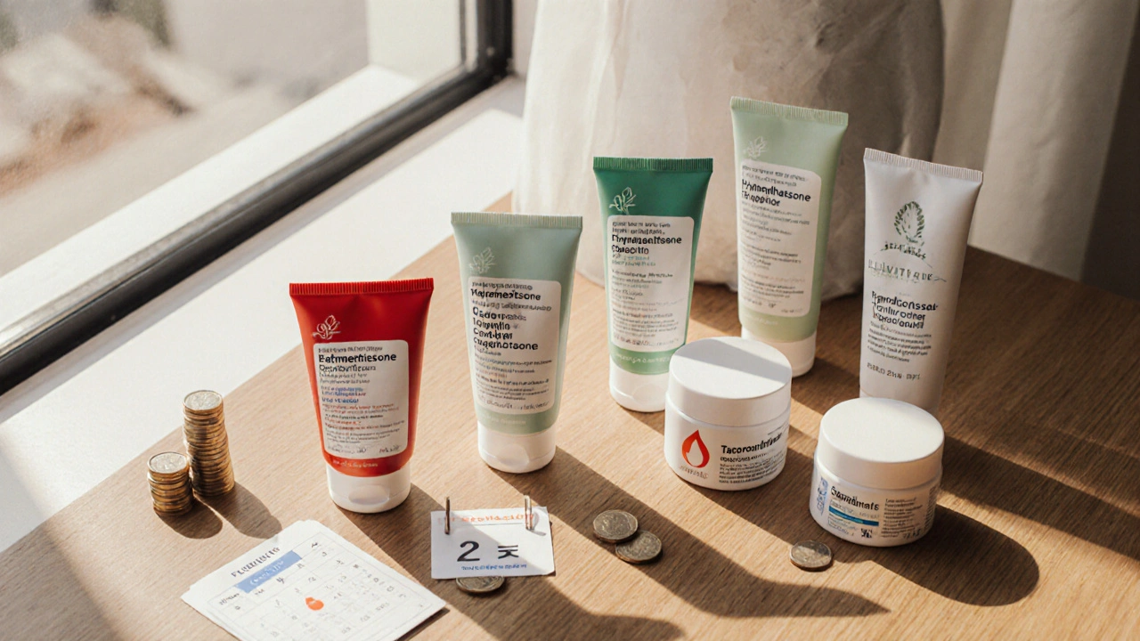 Top‑down view of assorted skin‑care tubes with visual cues for potency and cost.