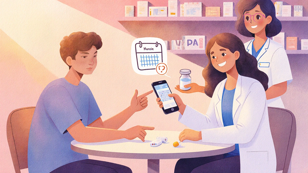 Watercolor scene of patient, clinician, and pharmacy staff collaborating on treatment plan.