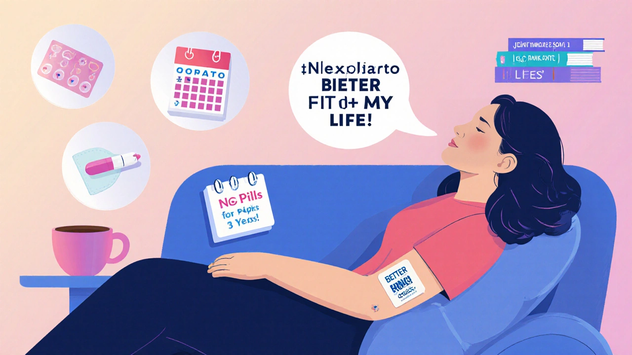 Woman with implant sticker smiling as icons of alternative birth control float above her.