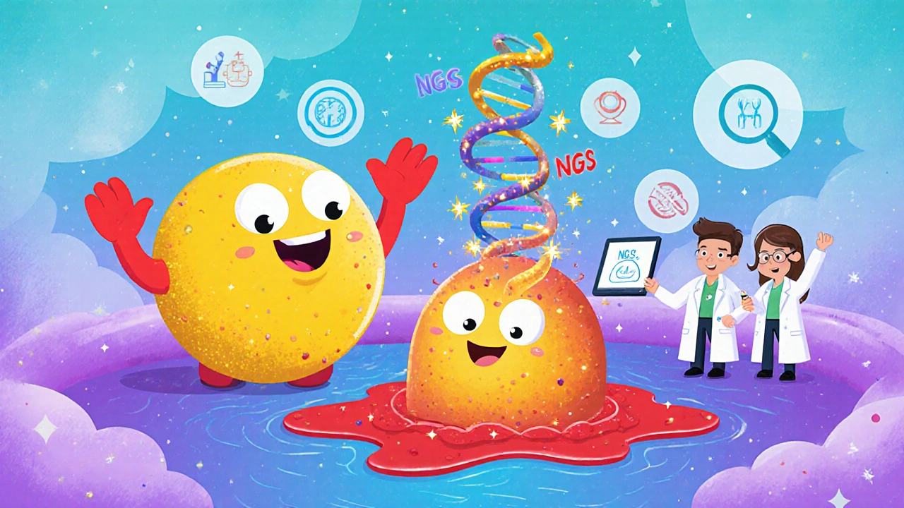 A cartoon DNA molecule shedding sparkly fragments into a blood river with scientists cheering.
