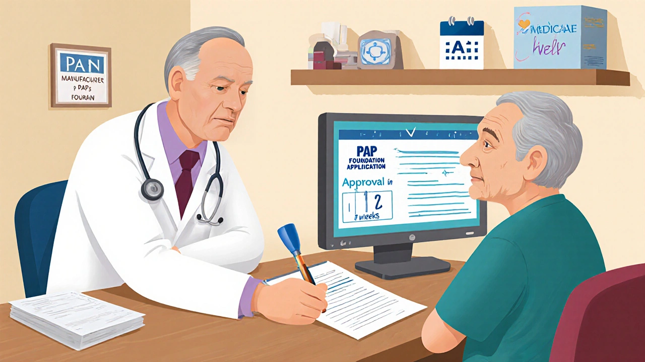 A doctor helps an elderly patient complete a patient assistance application at a clinic desk.