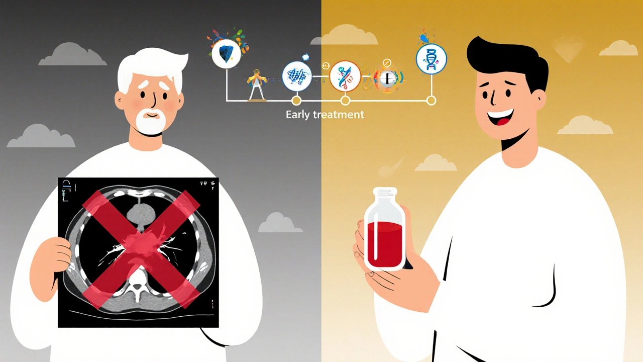 A patient comparing a negative scan to a positive blood test, with rising hope shown by color change.