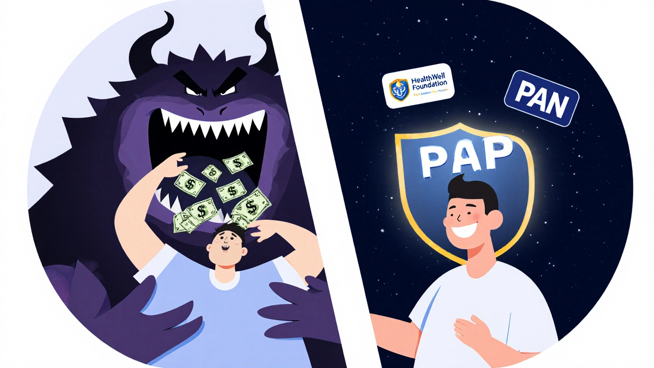 A patient is protected from an insurance policy monster by a foundation assistance shield.