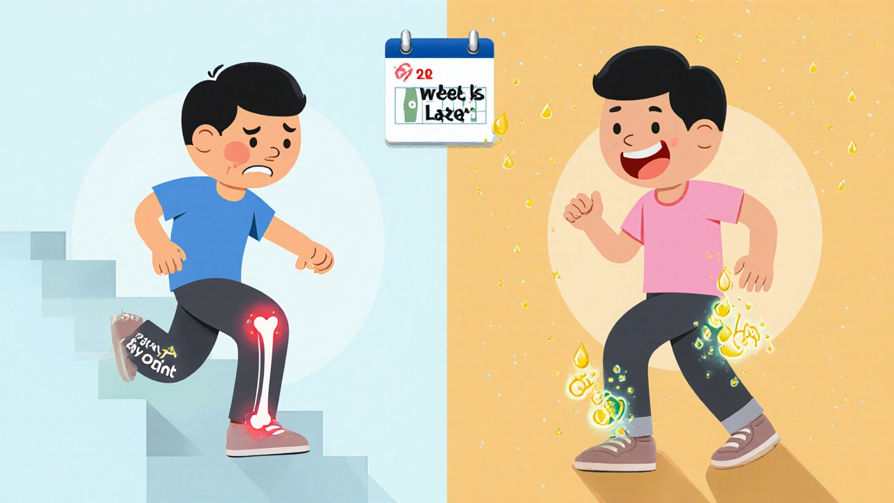 A person before and after hyaluronic acid treatment, showing improved mobility with glowing lubricant molecules around the knee.