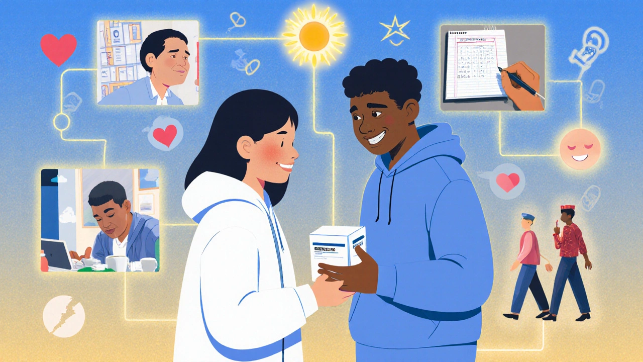 A pharmacist hands a generic medication to a hesitant patient, surrounded by glowing story threads of past experiences.